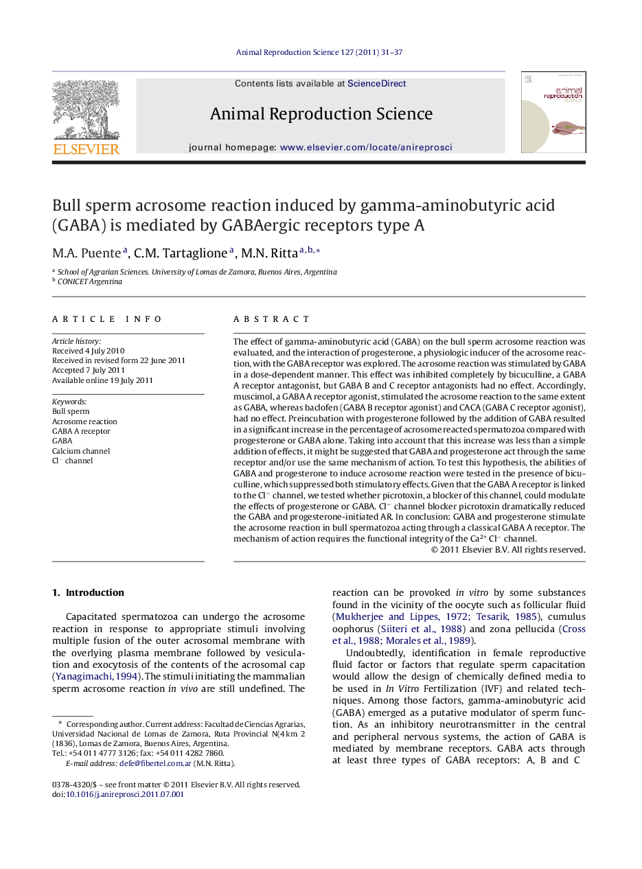 Bull sperm acrosome reaction induced by gamma-aminobutyric acid (GABA) is mediated by GABAergic receptors type A