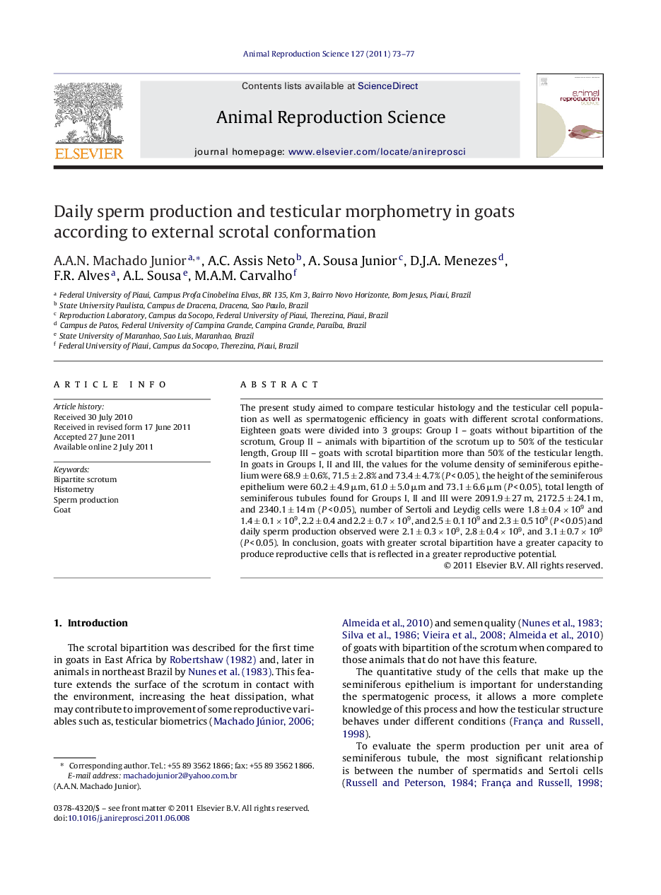 Daily sperm production and testicular morphometry in goats according to external scrotal conformation