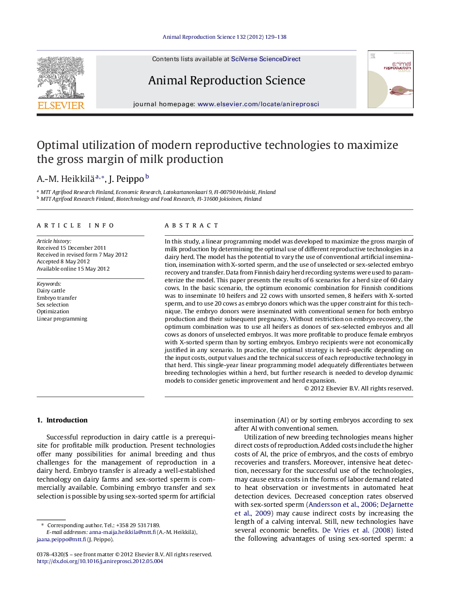 Optimal utilization of modern reproductive technologies to maximize the gross margin of milk production