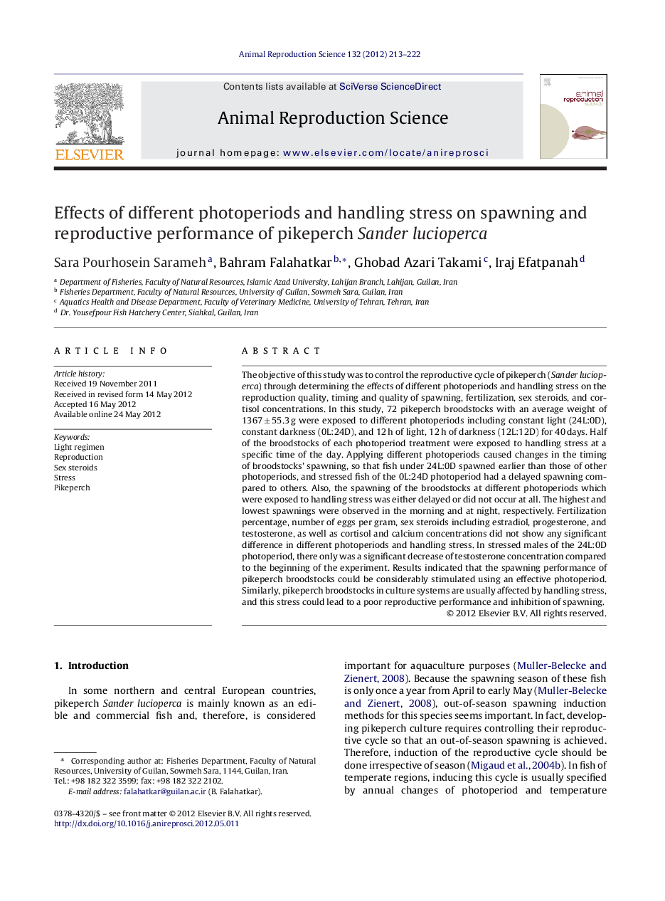 Effects of different photoperiods and handling stress on spawning and reproductive performance of pikeperch Sander lucioperca