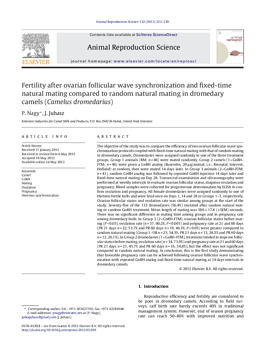 Fertility after ovarian follicular wave synchronization and fixed-time natural mating compared to random natural mating in dromedary camels (Camelus dromedarius)