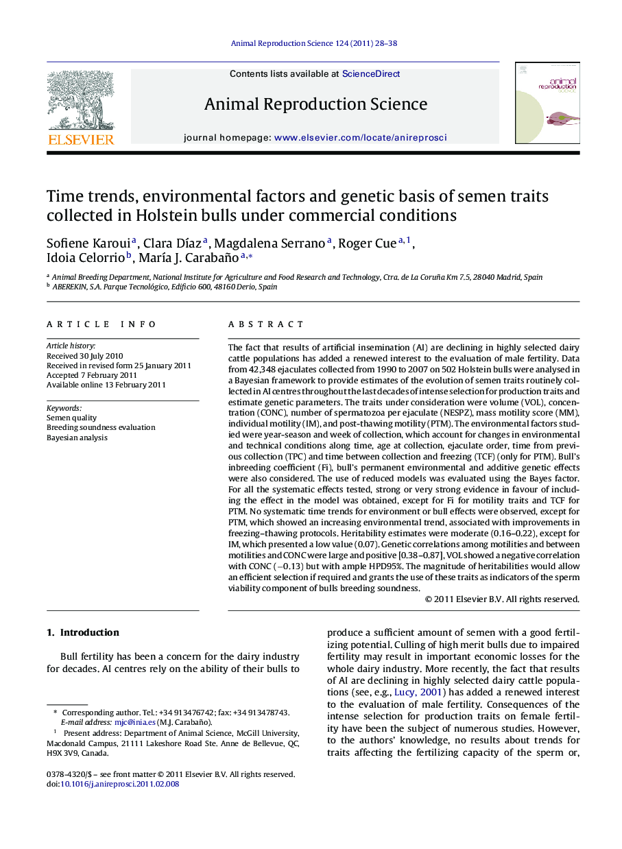 Time trends, environmental factors and genetic basis of semen traits collected in Holstein bulls under commercial conditions