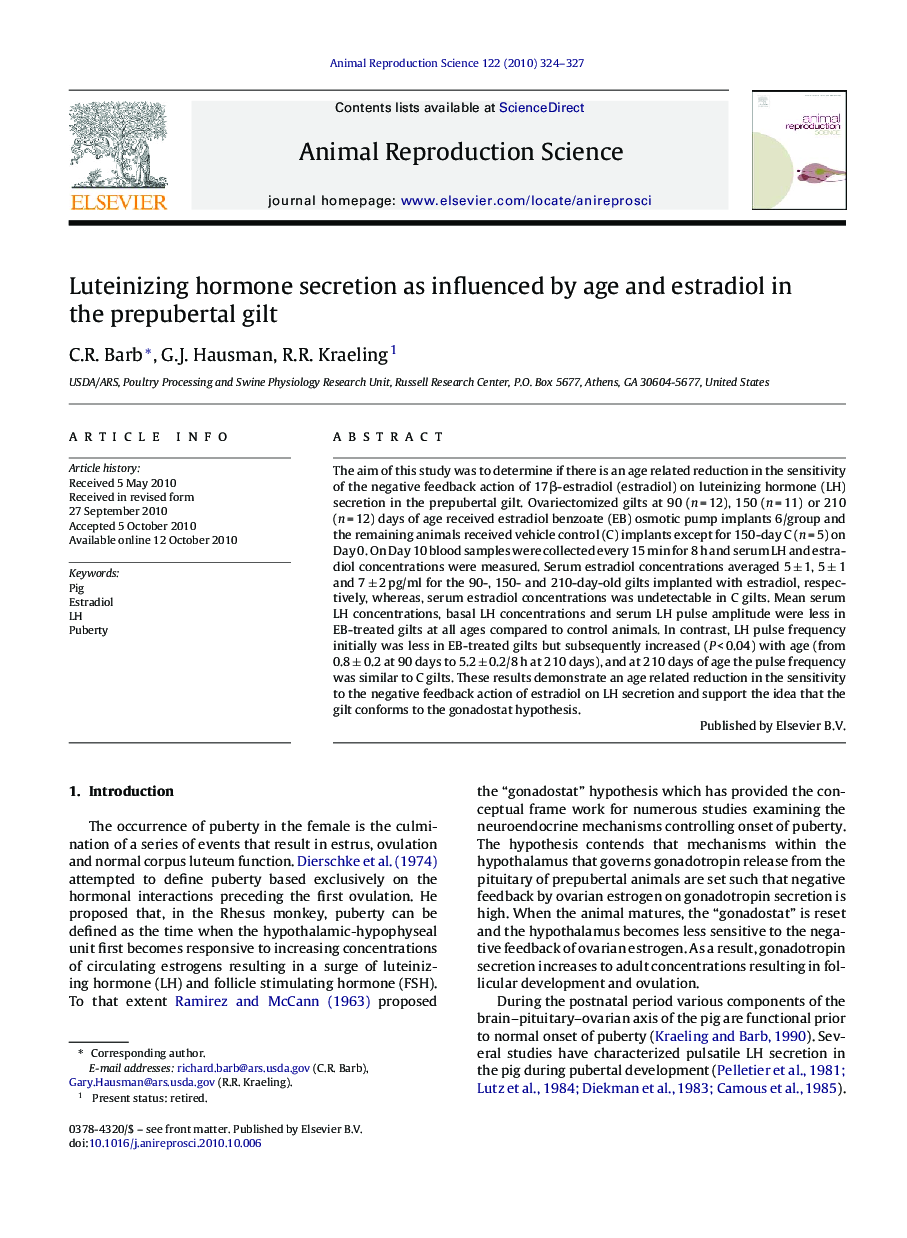 Luteinizing hormone secretion as influenced by age and estradiol in the prepubertal gilt