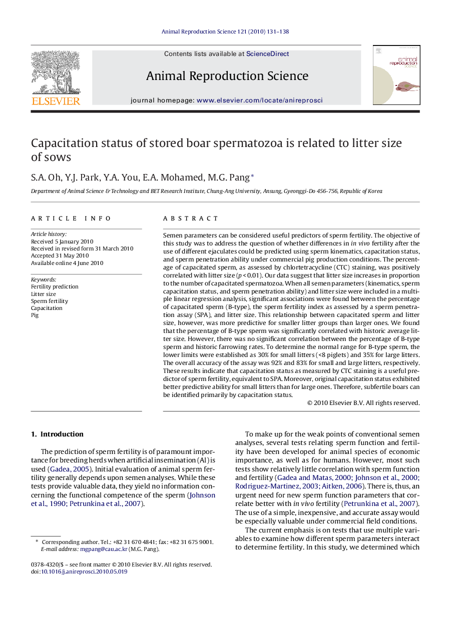 Capacitation status of stored boar spermatozoa is related to litter size of sows