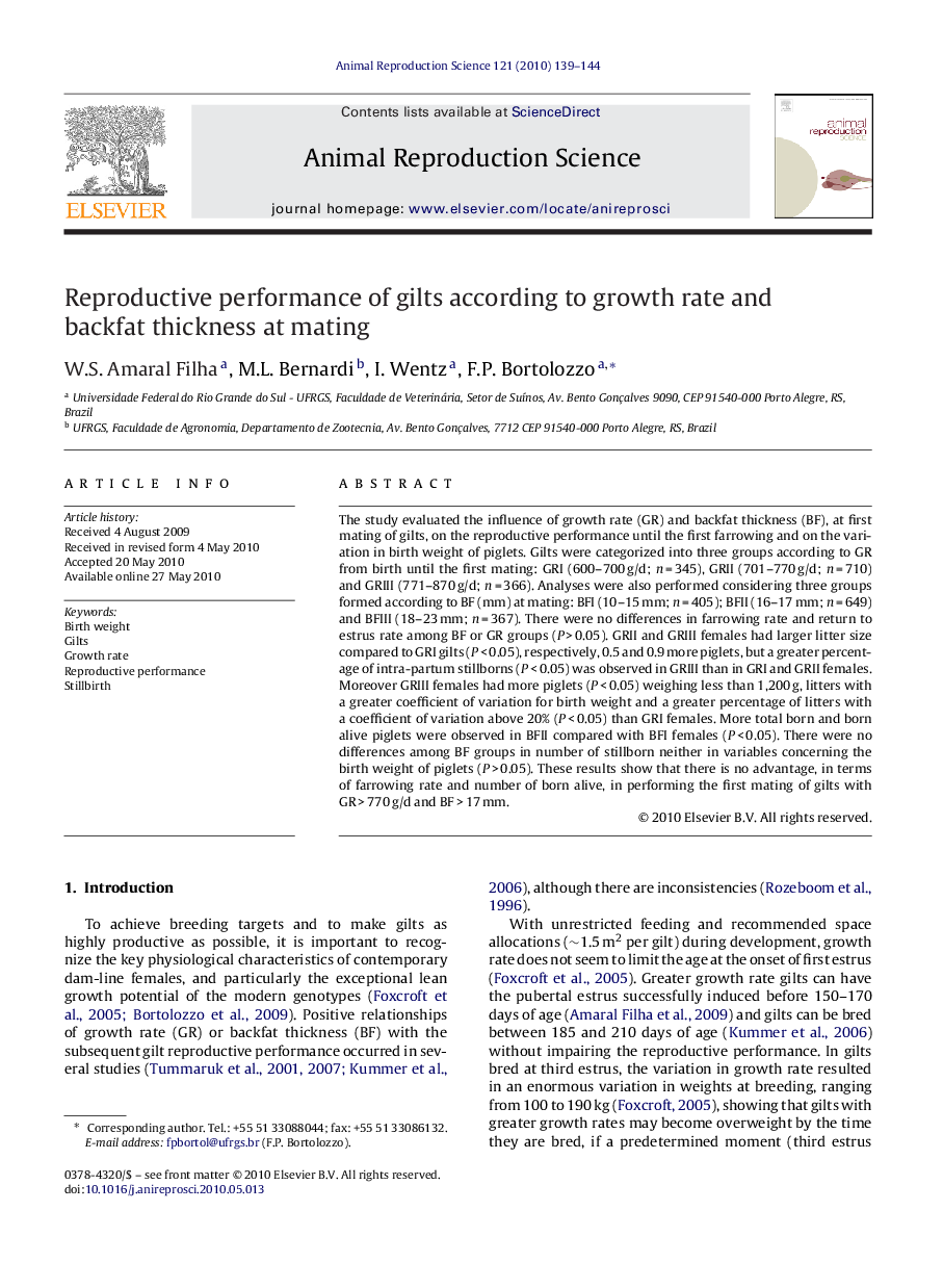 Reproductive performance of gilts according to growth rate and backfat thickness at mating