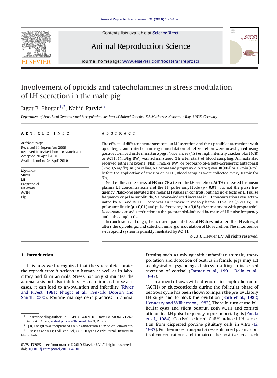 Involvement of opioids and catecholamines in stress modulation of LH secretion in the male pig