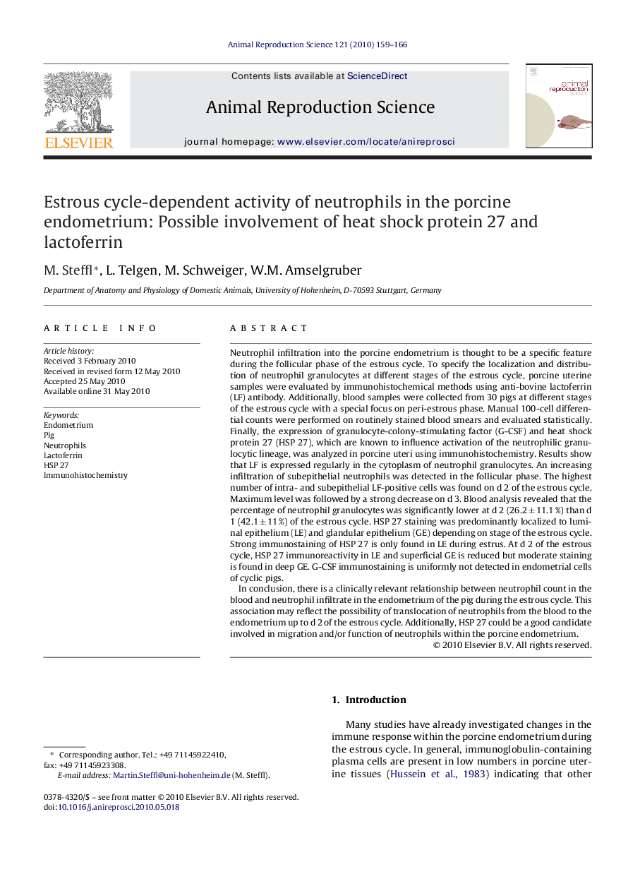 Estrous cycle-dependent activity of neutrophils in the porcine endometrium: Possible involvement of heat shock protein 27 and lactoferrin