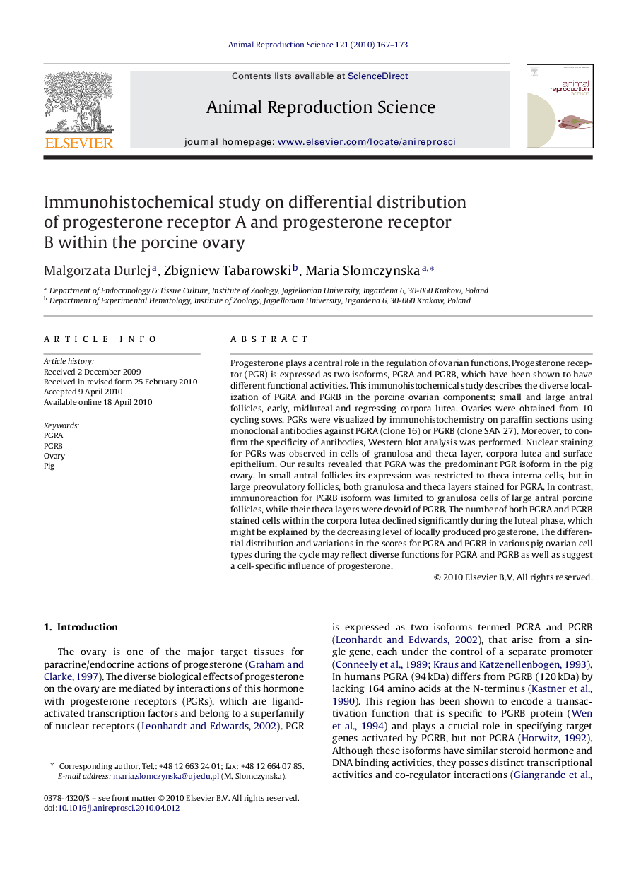 Immunohistochemical study on differential distribution of progesterone receptor A and progesterone receptor B within the porcine ovary