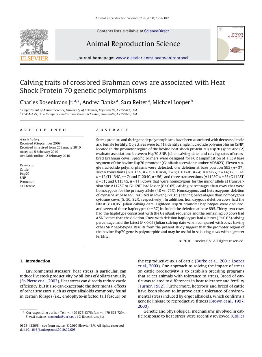 Calving traits of crossbred Brahman cows are associated with Heat Shock Protein 70 genetic polymorphisms