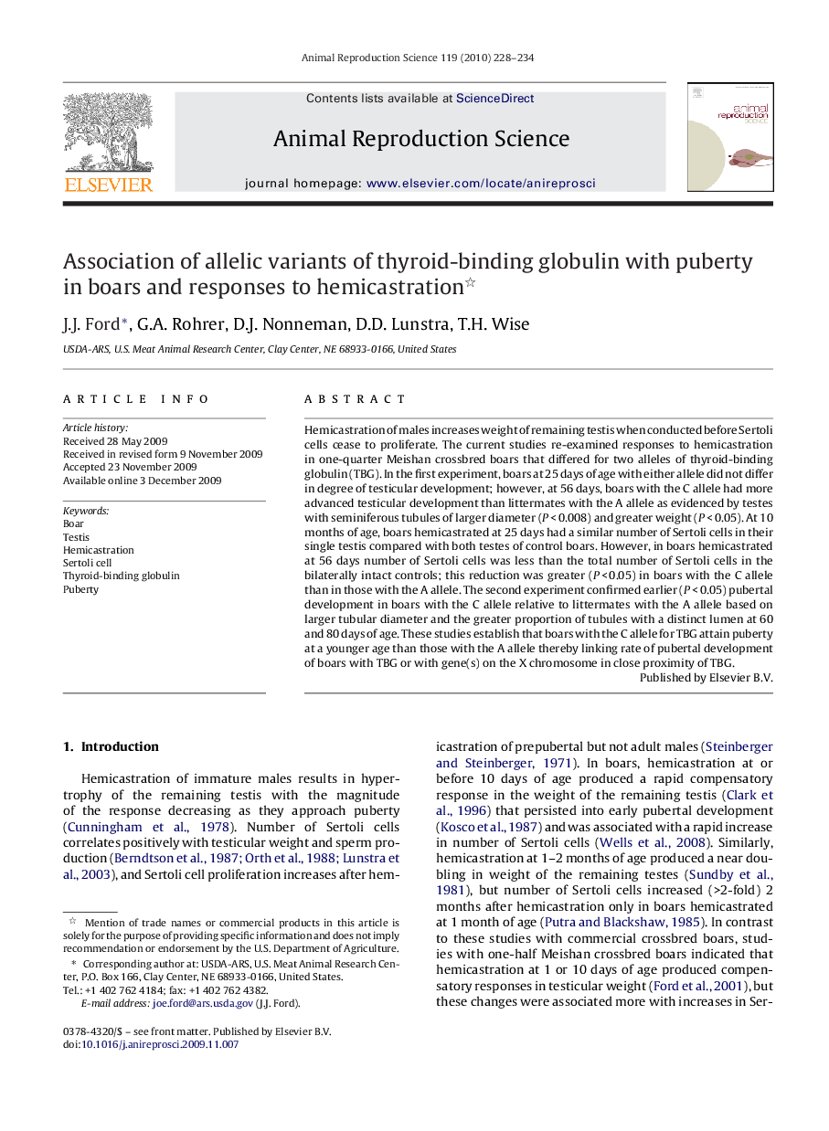 Association of allelic variants of thyroid-binding globulin with puberty in boars and responses to hemicastration