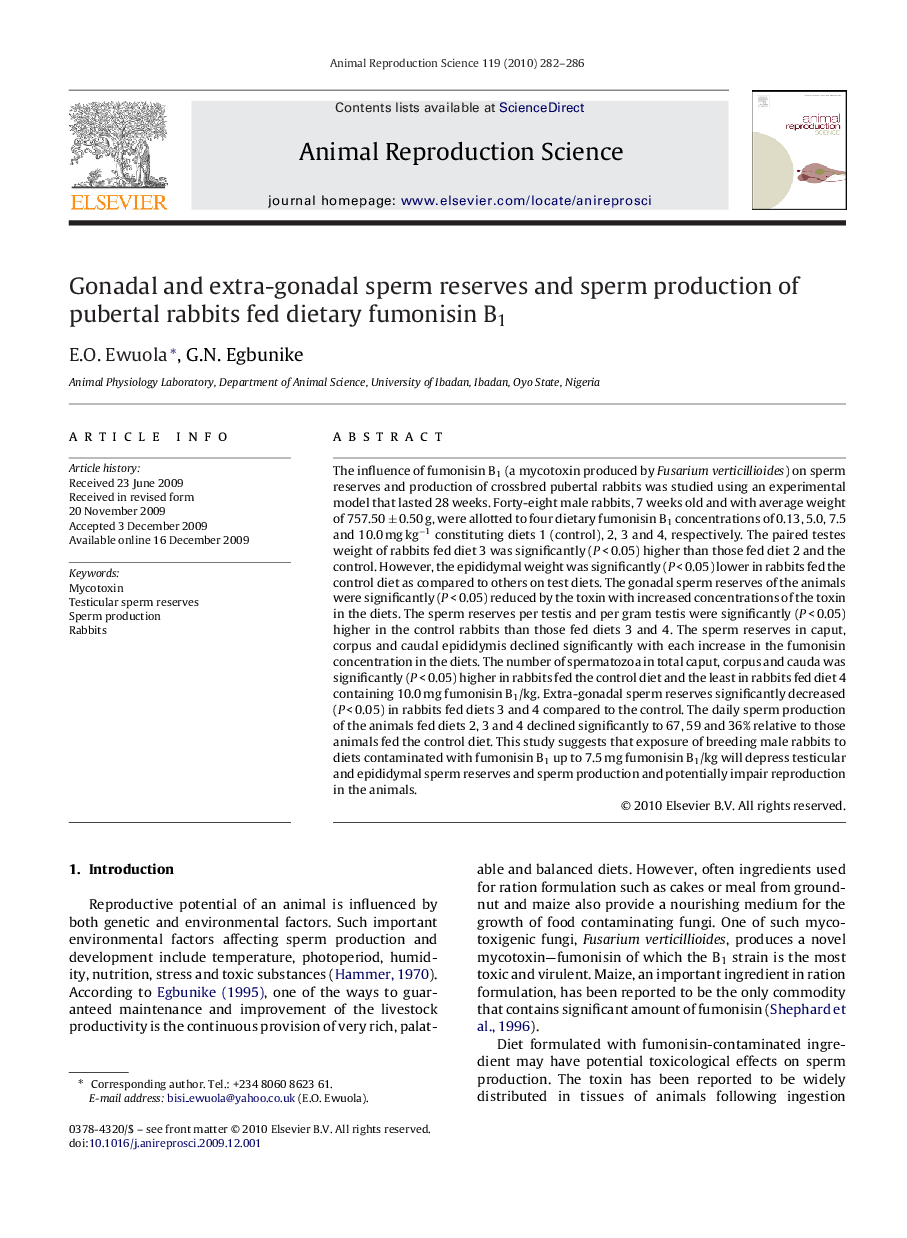 Gonadal and extra-gonadal sperm reserves and sperm production of pubertal rabbits fed dietary fumonisin B1