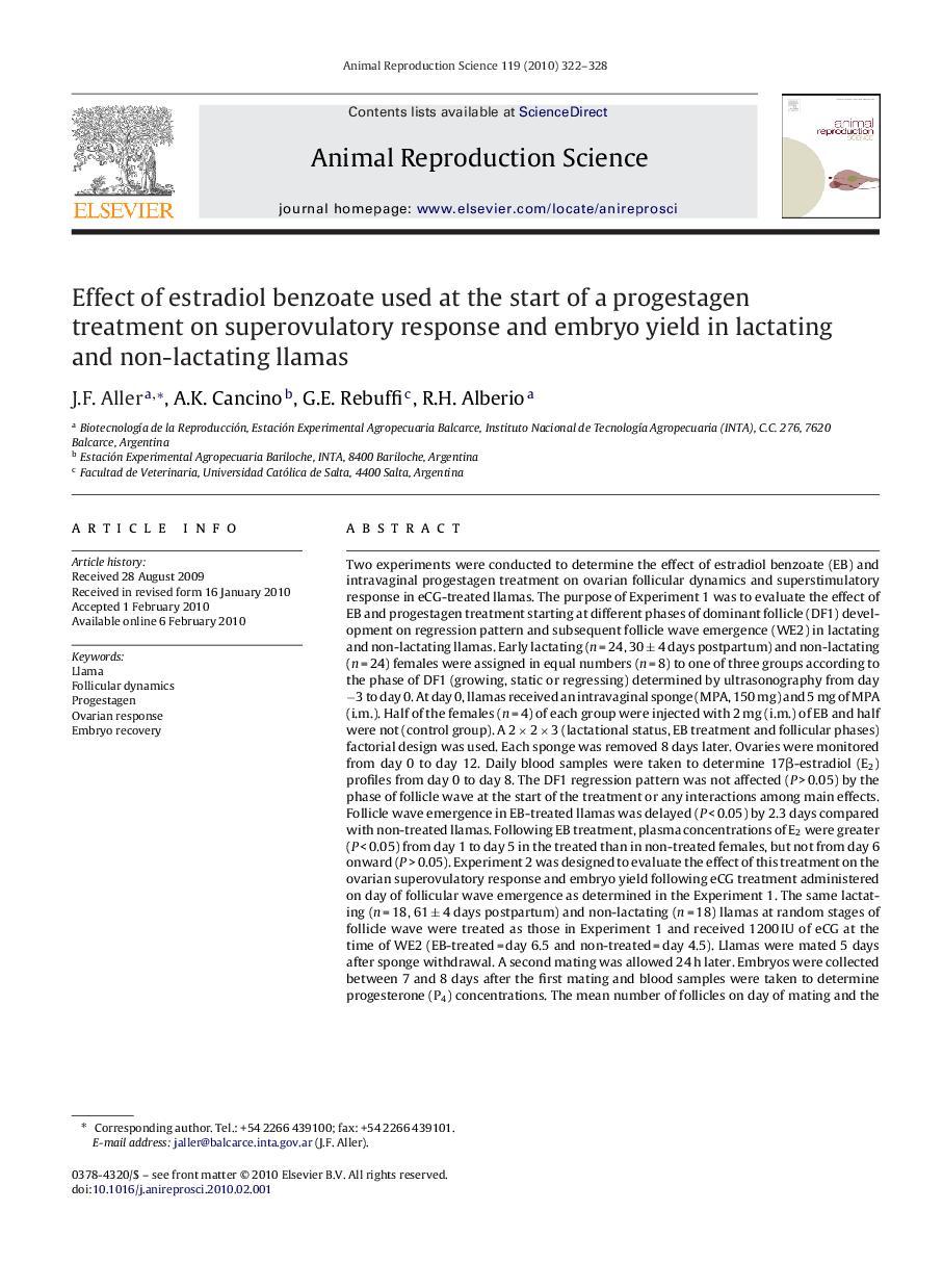 Effect of estradiol benzoate used at the start of a progestagen treatment on superovulatory response and embryo yield in lactating and non-lactating llamas