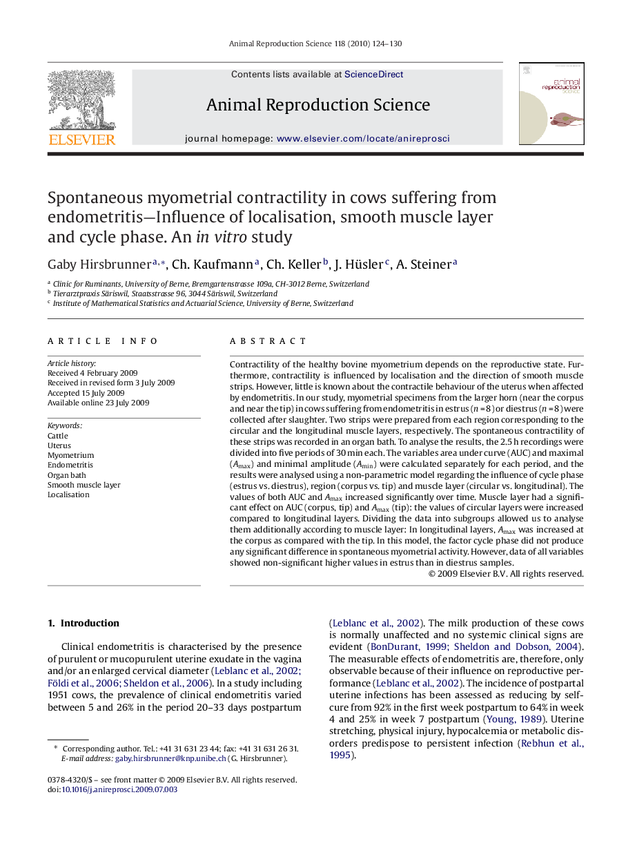 Spontaneous myometrial contractility in cows suffering from endometritis—Influence of localisation, smooth muscle layer and cycle phase. An in vitro study