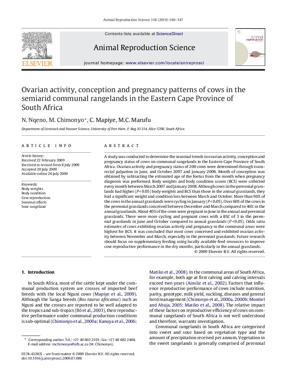 Ovarian activity, conception and pregnancy patterns of cows in the semiarid communal rangelands in the Eastern Cape Province of South Africa