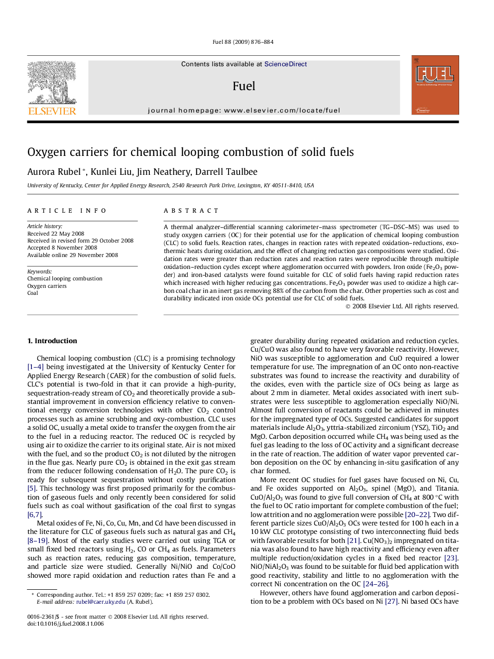 Oxygen carriers for chemical looping combustion of solid fuels