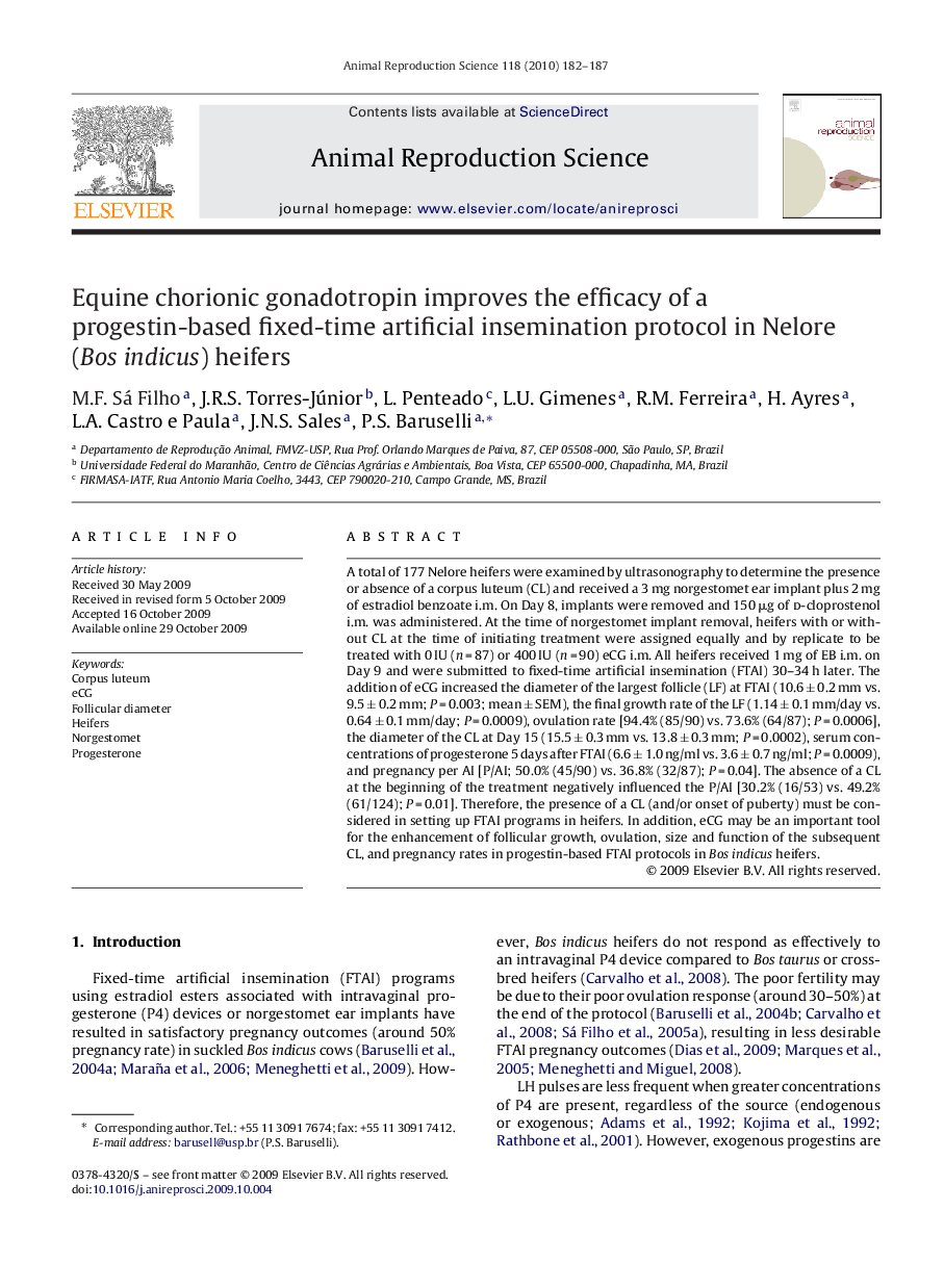 Equine chorionic gonadotropin improves the efficacy of a progestin-based fixed-time artificial insemination protocol in Nelore (Bos indicus) heifers