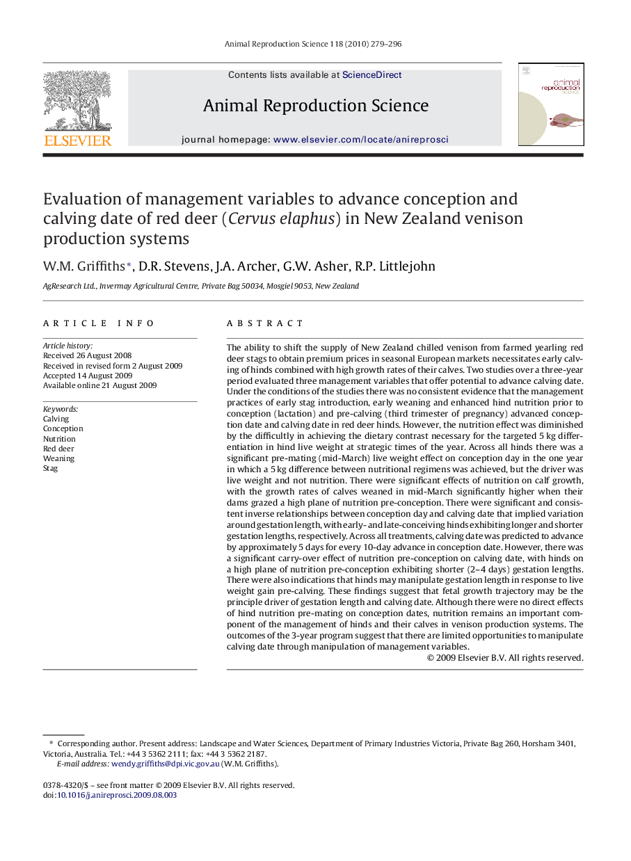 Evaluation of management variables to advance conception and calving date of red deer (Cervus elaphus) in New Zealand venison production systems