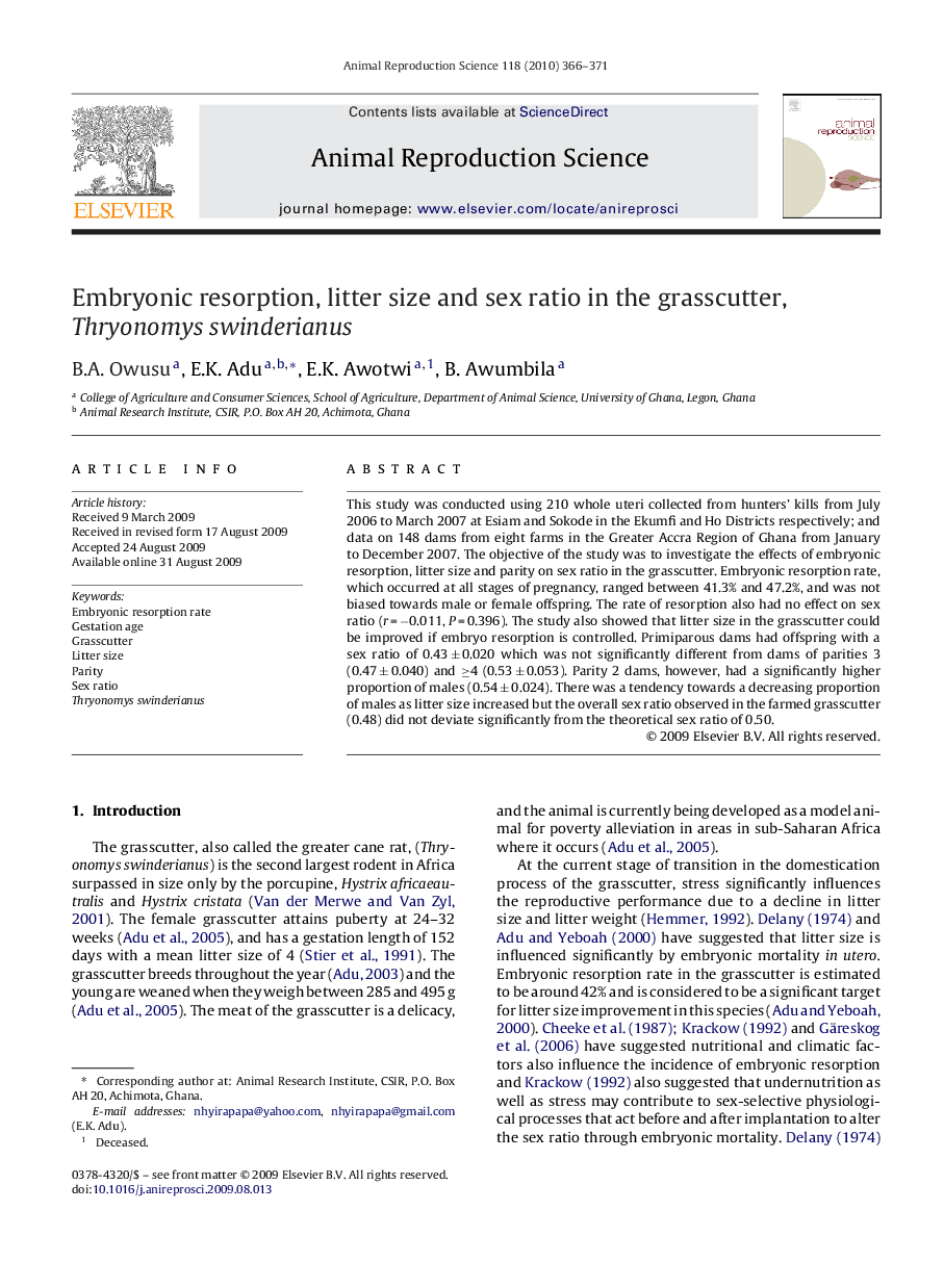 Embryonic resorption, litter size and sex ratio in the grasscutter, Thryonomys swinderianus