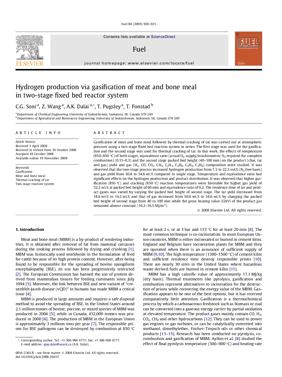 Hydrogen production via gasification of meat and bone meal in two-stage fixed bed reactor system