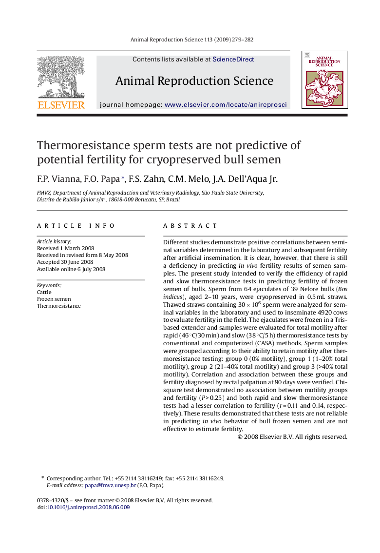 Thermoresistance sperm tests are not predictive of potential fertility for cryopreserved bull semen