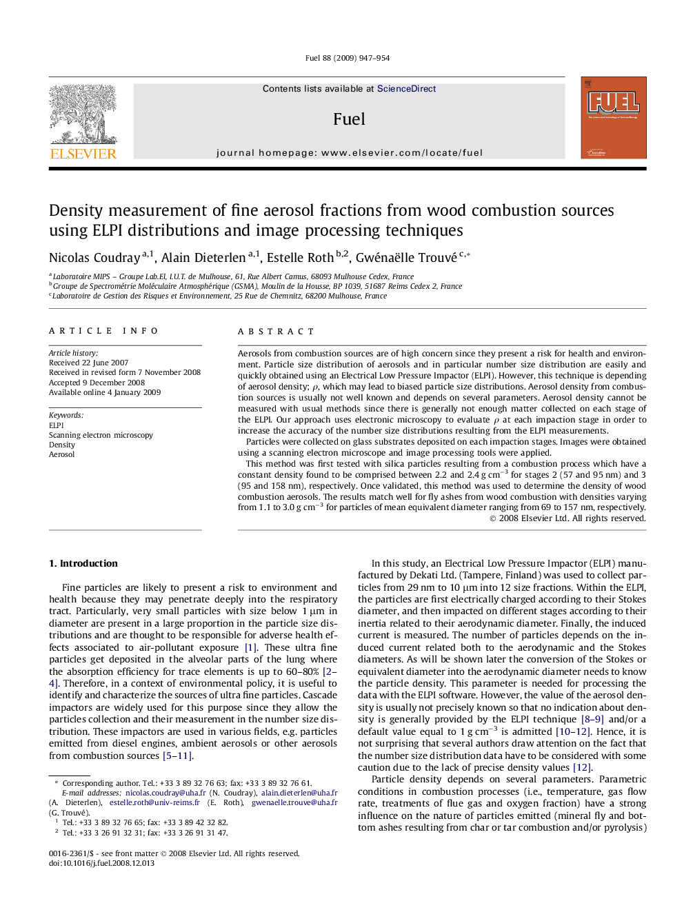 Density measurement of fine aerosol fractions from wood combustion sources using ELPI distributions and image processing techniques