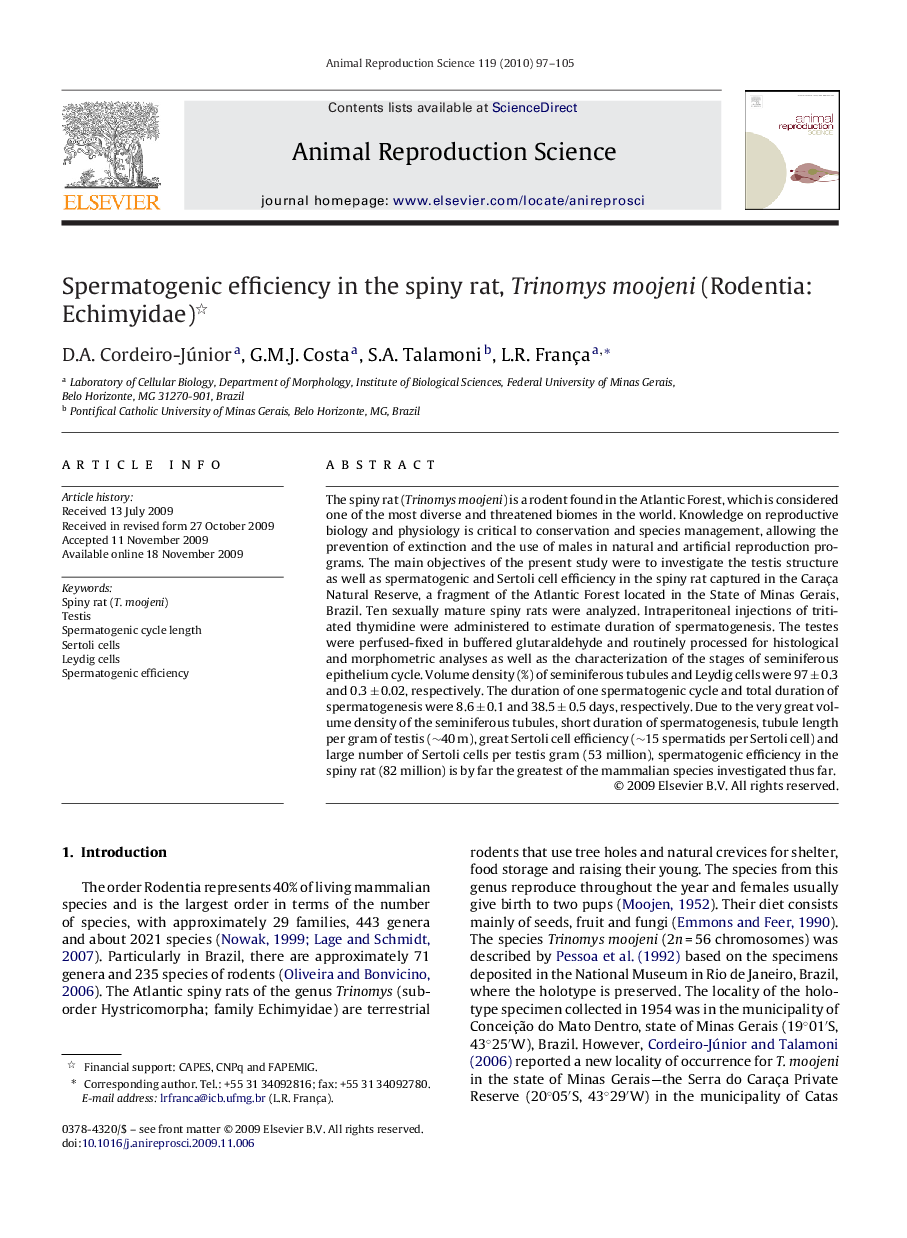 Spermatogenic efficiency in the spiny rat, Trinomys moojeni (Rodentia: Echimyidae) 