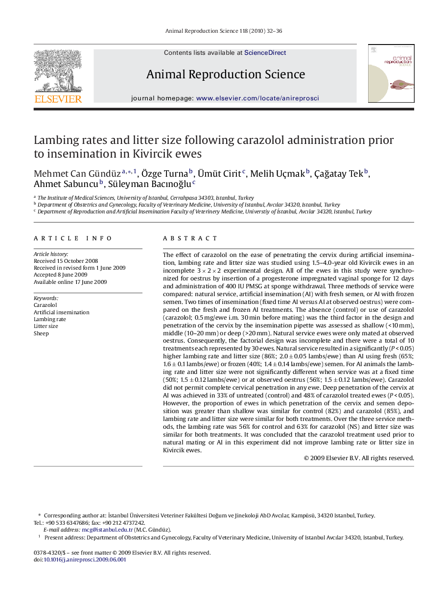 Lambing rates and litter size following carazolol administration prior to insemination in Kivircik ewes