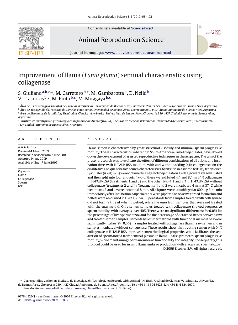 Improvement of llama (Lama glama) seminal characteristics using collagenase