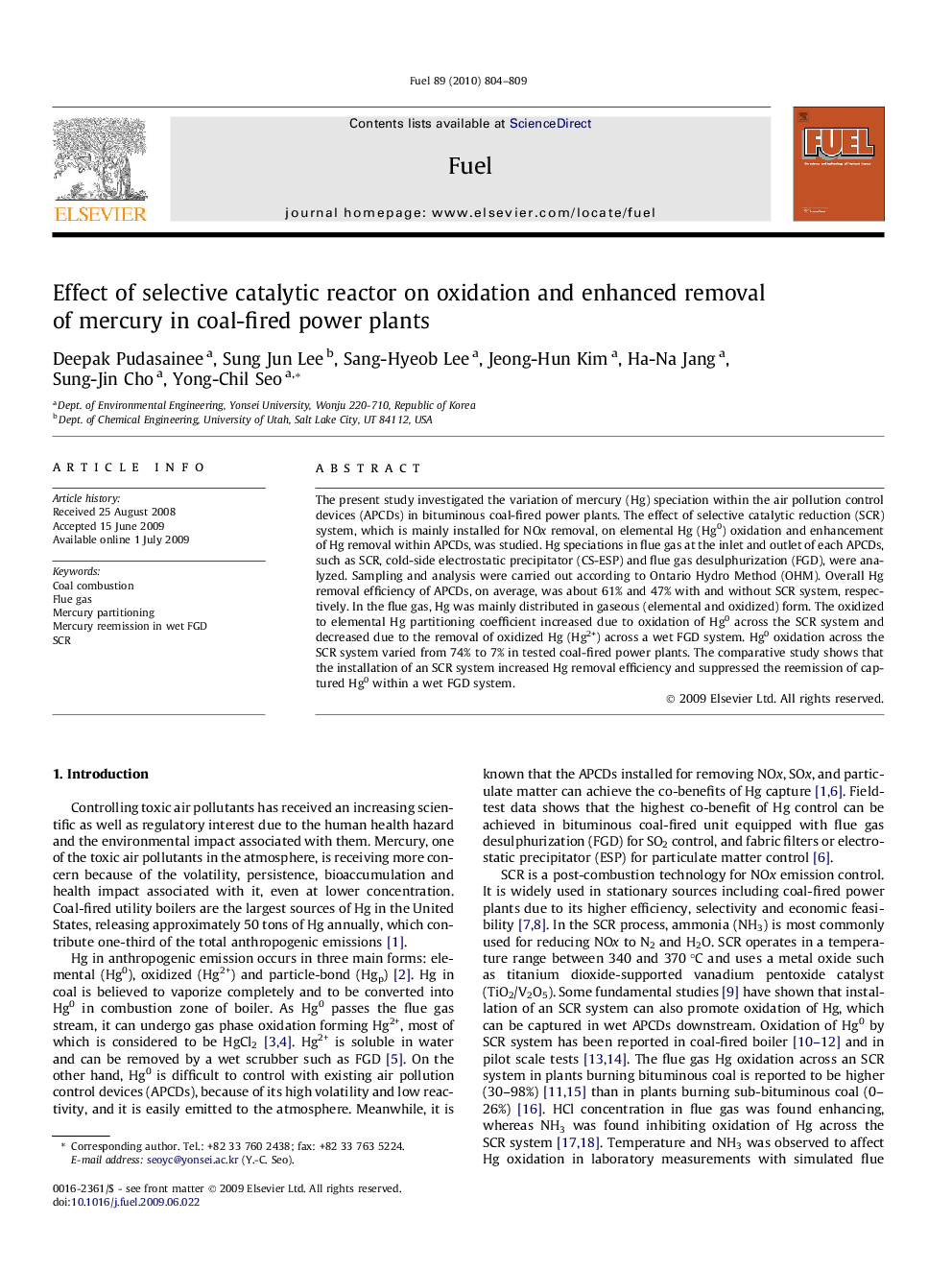 Effect of selective catalytic reactor on oxidation and enhanced removal of mercury in coal-fired power plants