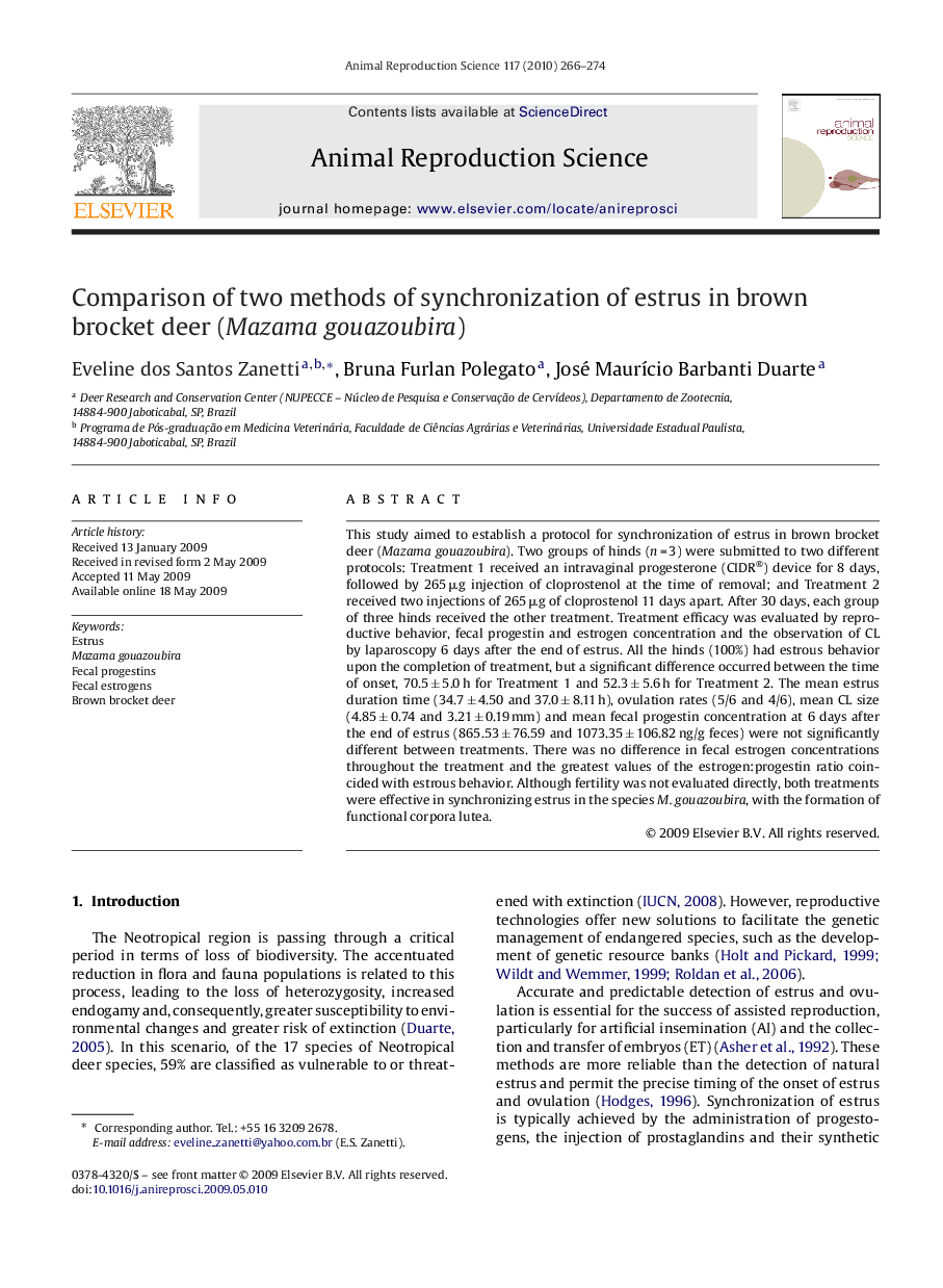 Comparison of two methods of synchronization of estrus in brown brocket deer (Mazama gouazoubira)