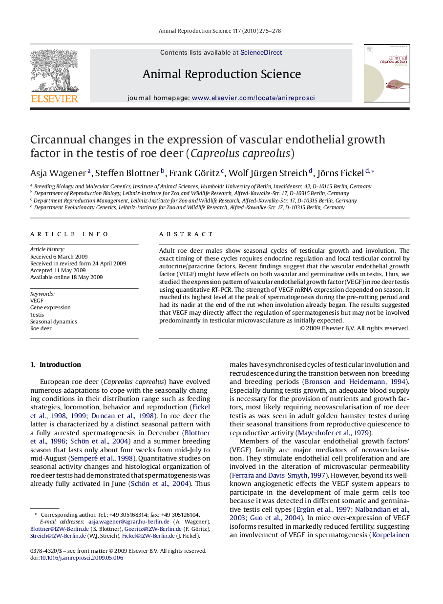 Circannual changes in the expression of vascular endothelial growth factor in the testis of roe deer (Capreolus capreolus)