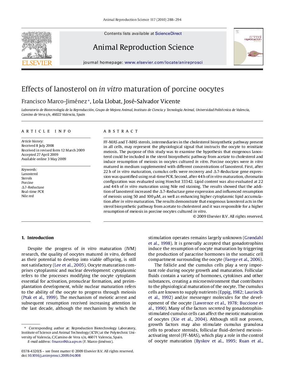 Effects of lanosterol on in vitro maturation of porcine oocytes