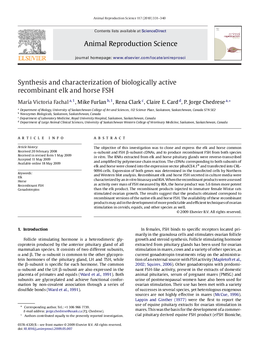 Synthesis and characterization of biologically active recombinant elk and horse FSH