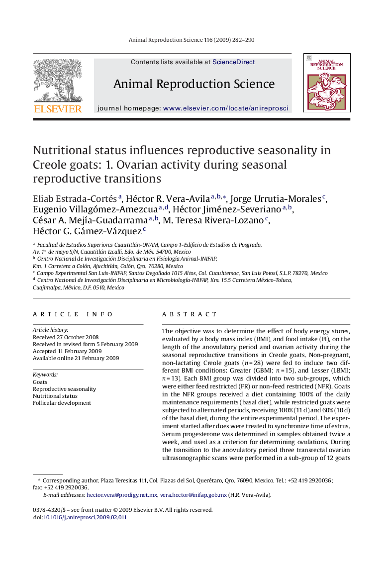 Nutritional status influences reproductive seasonality in Creole goats: 1. Ovarian activity during seasonal reproductive transitions