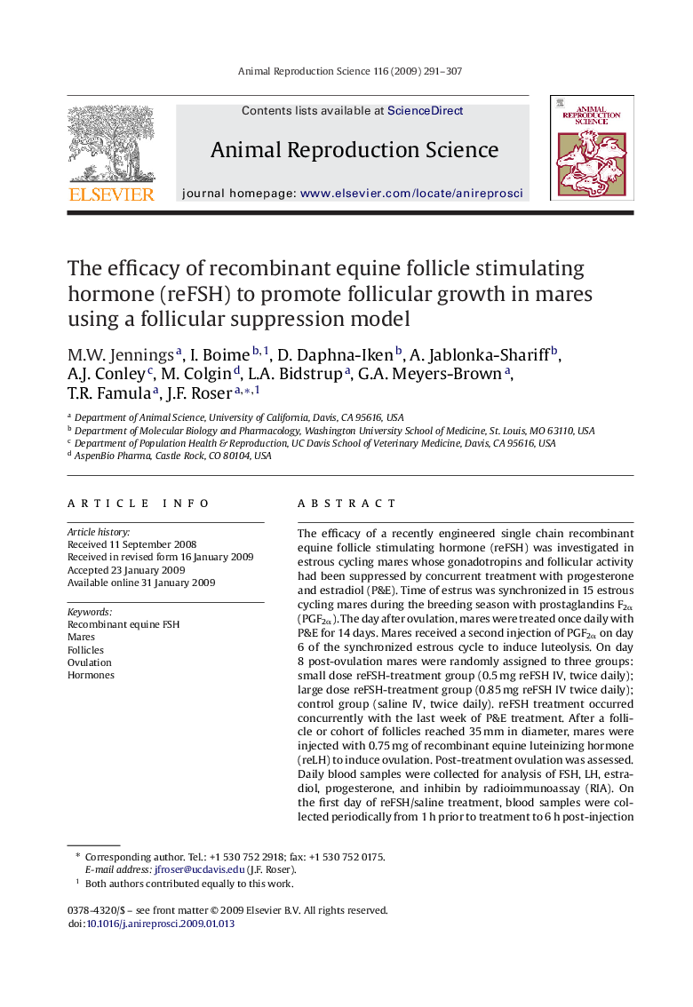 The efficacy of recombinant equine follicle stimulating hormone (reFSH) to promote follicular growth in mares using a follicular suppression model