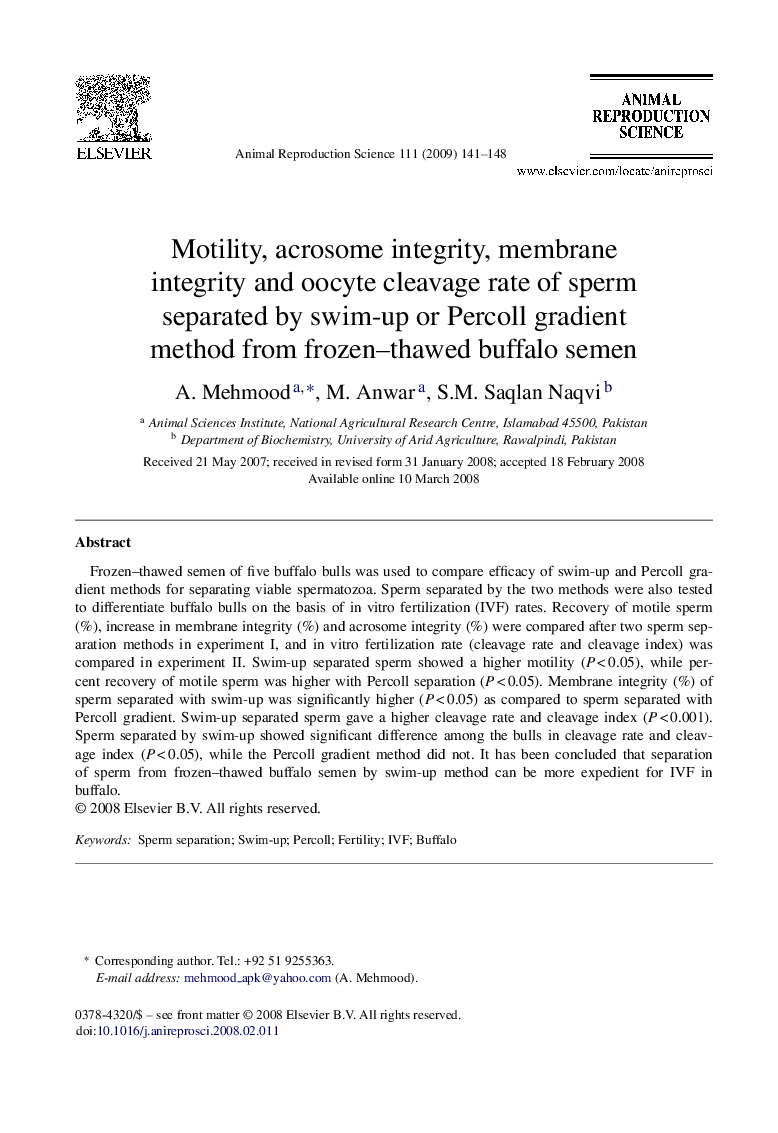 Motility, acrosome integrity, membrane integrity and oocyte cleavage rate of sperm separated by swim-up or Percoll gradient method from frozen–thawed buffalo semen