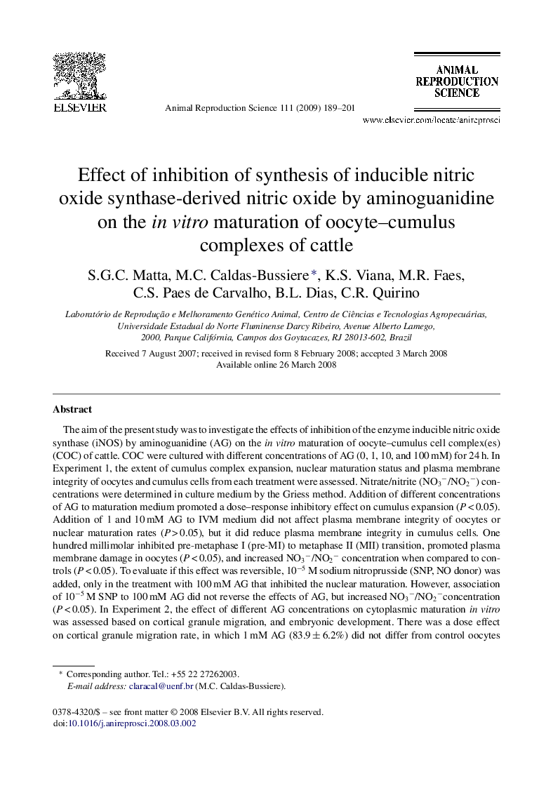 Effect of inhibition of synthesis of inducible nitric oxide synthase-derived nitric oxide by aminoguanidine on the in vitro maturation of oocyte–cumulus complexes of cattle