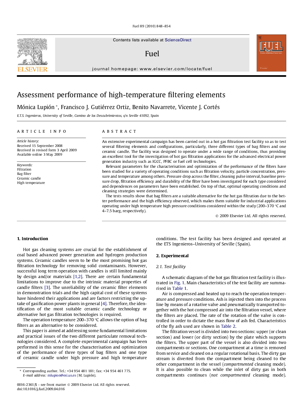 Assessment performance of high-temperature filtering elements