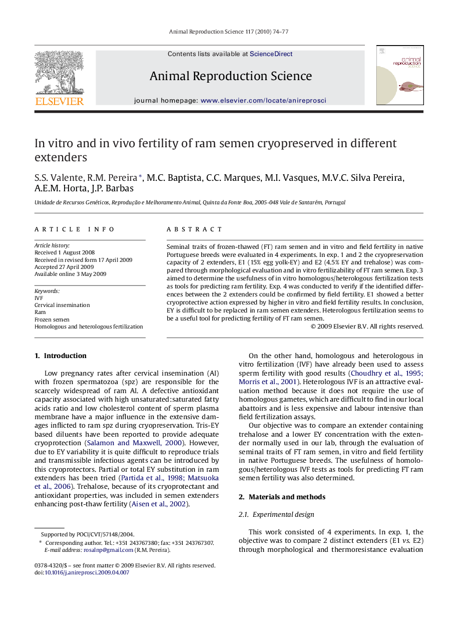 In vitro and in vivo fertility of ram semen cryopreserved in different extenders 