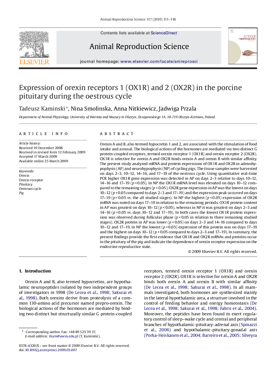 Expression of orexin receptors 1 (OX1R) and 2 (OX2R) in the porcine pituitary during the oestrous cycle