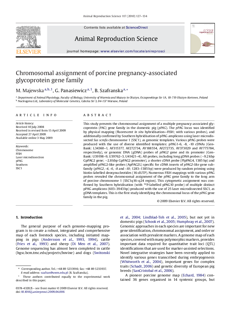 Chromosomal assignment of porcine pregnancy-associated glycoprotein gene family