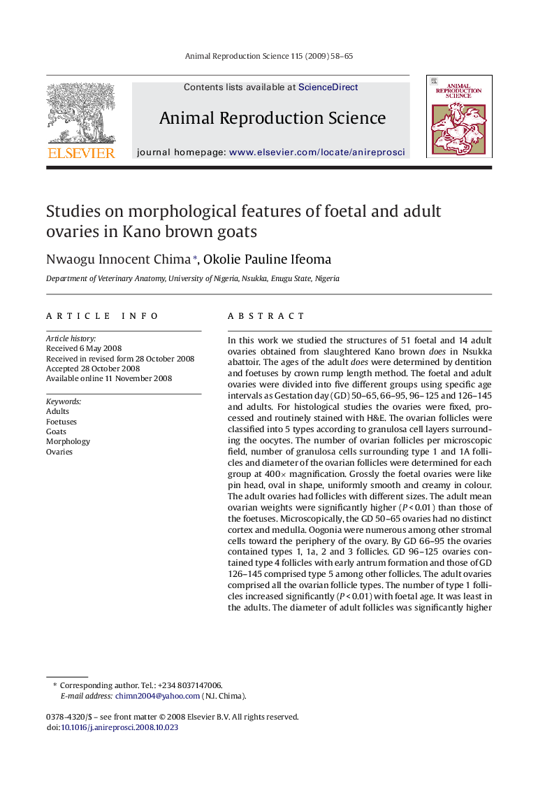 Studies on morphological features of foetal and adult ovaries in Kano brown goats