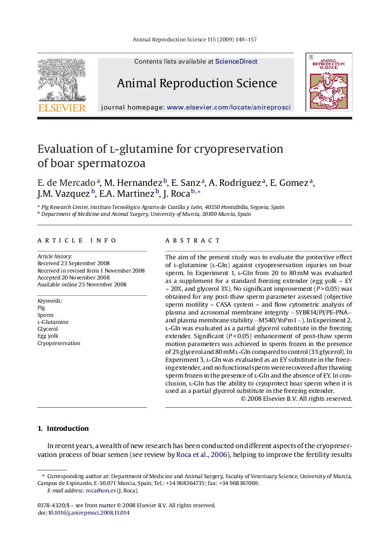 Evaluation of l-glutamine for cryopreservation of boar spermatozoa