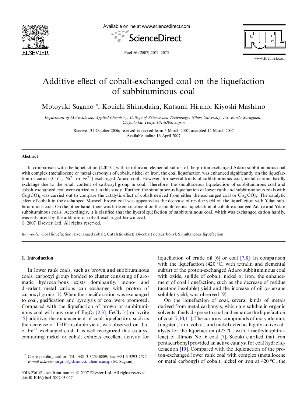 Additive effect of cobalt-exchanged coal on the liquefaction of subbituminous coal