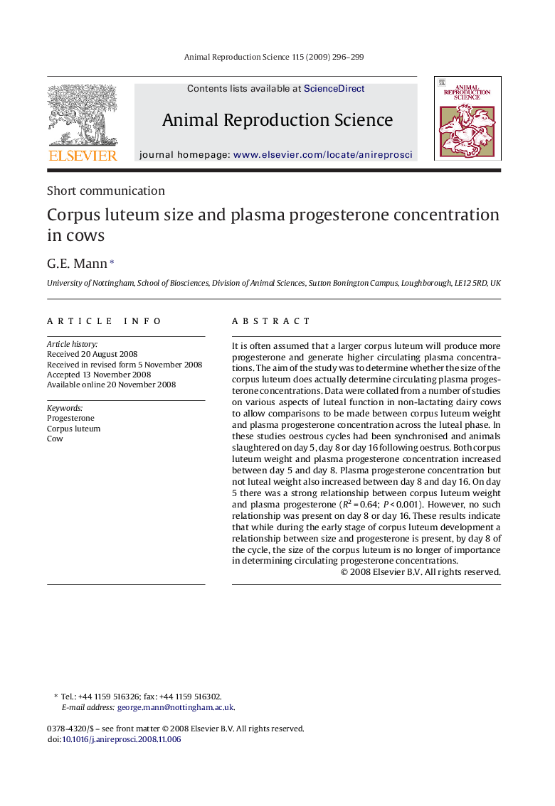 Corpus luteum size and plasma progesterone concentration in cows