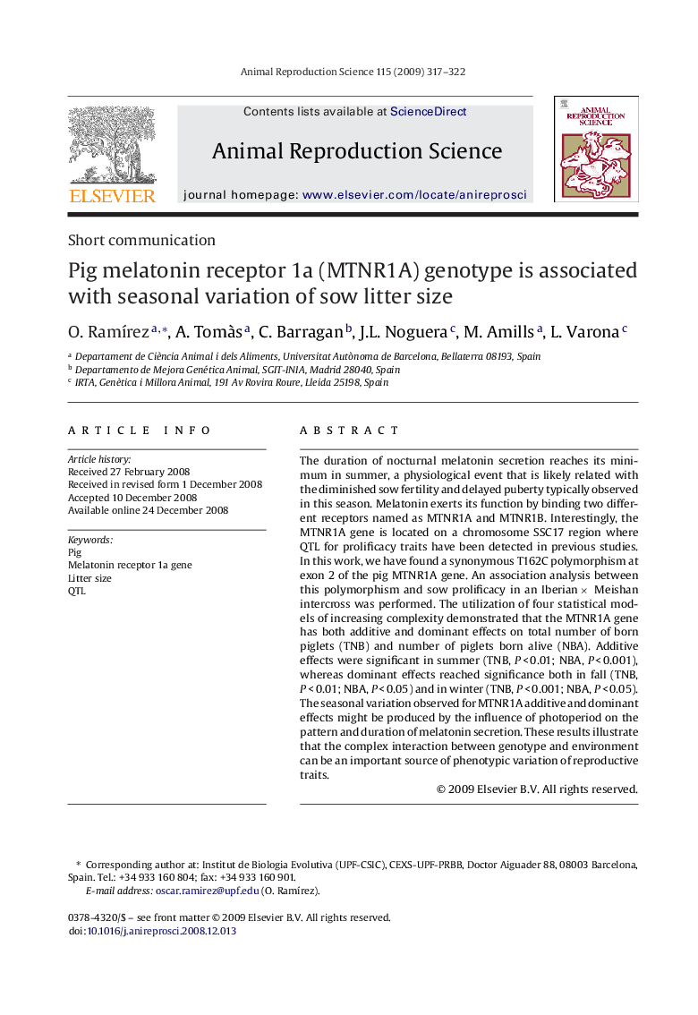 Pig melatonin receptor 1a (MTNR1A) genotype is associated with seasonal variation of sow litter size