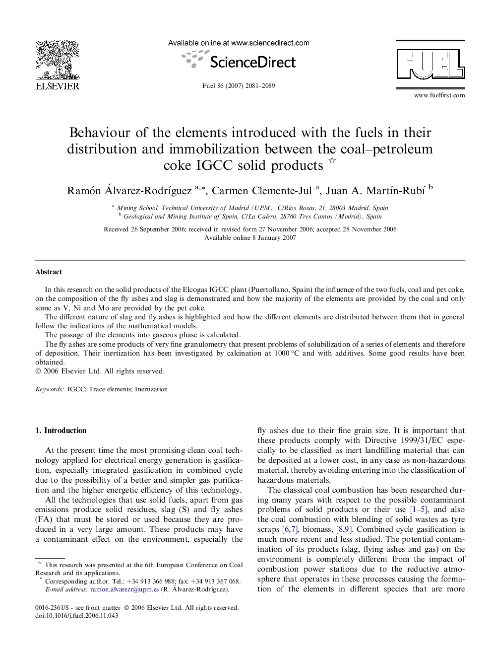 Behaviour of the elements introduced with the fuels in their distribution and immobilization between the coal–petroleum coke IGCC solid products 