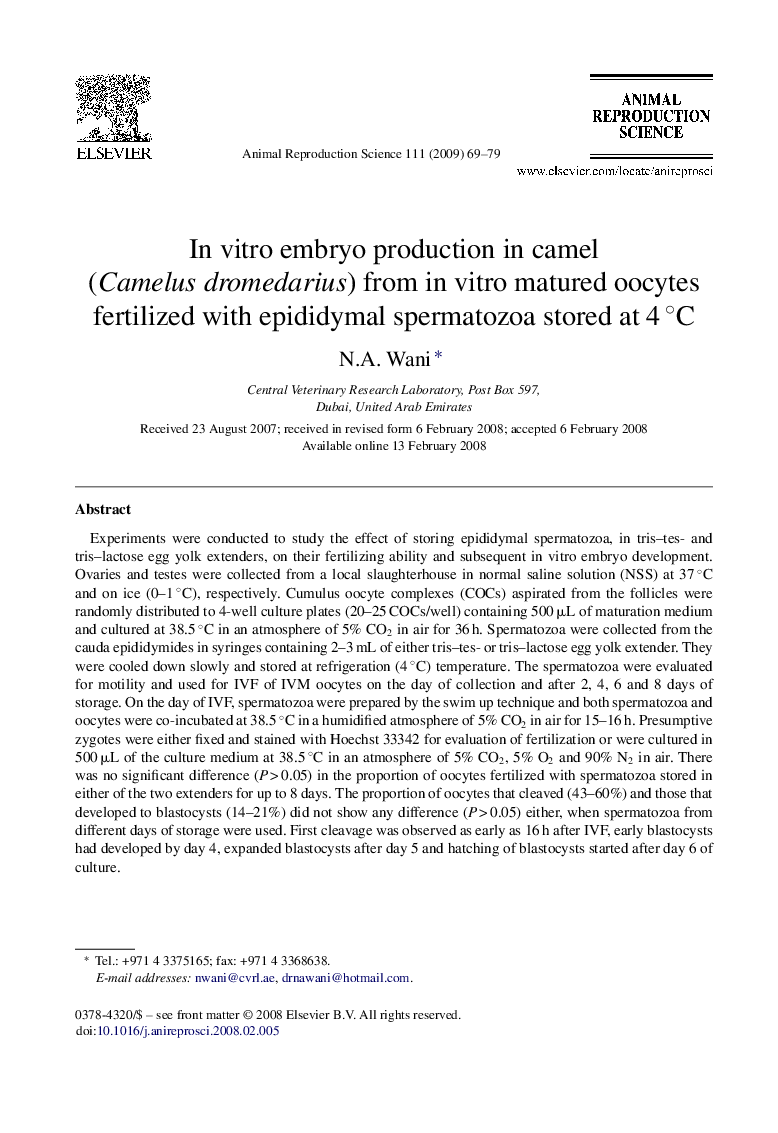 In vitro embryo production in camel (Camelus dromedarius) from in vitro matured oocytes fertilized with epididymal spermatozoa stored at 4 °C