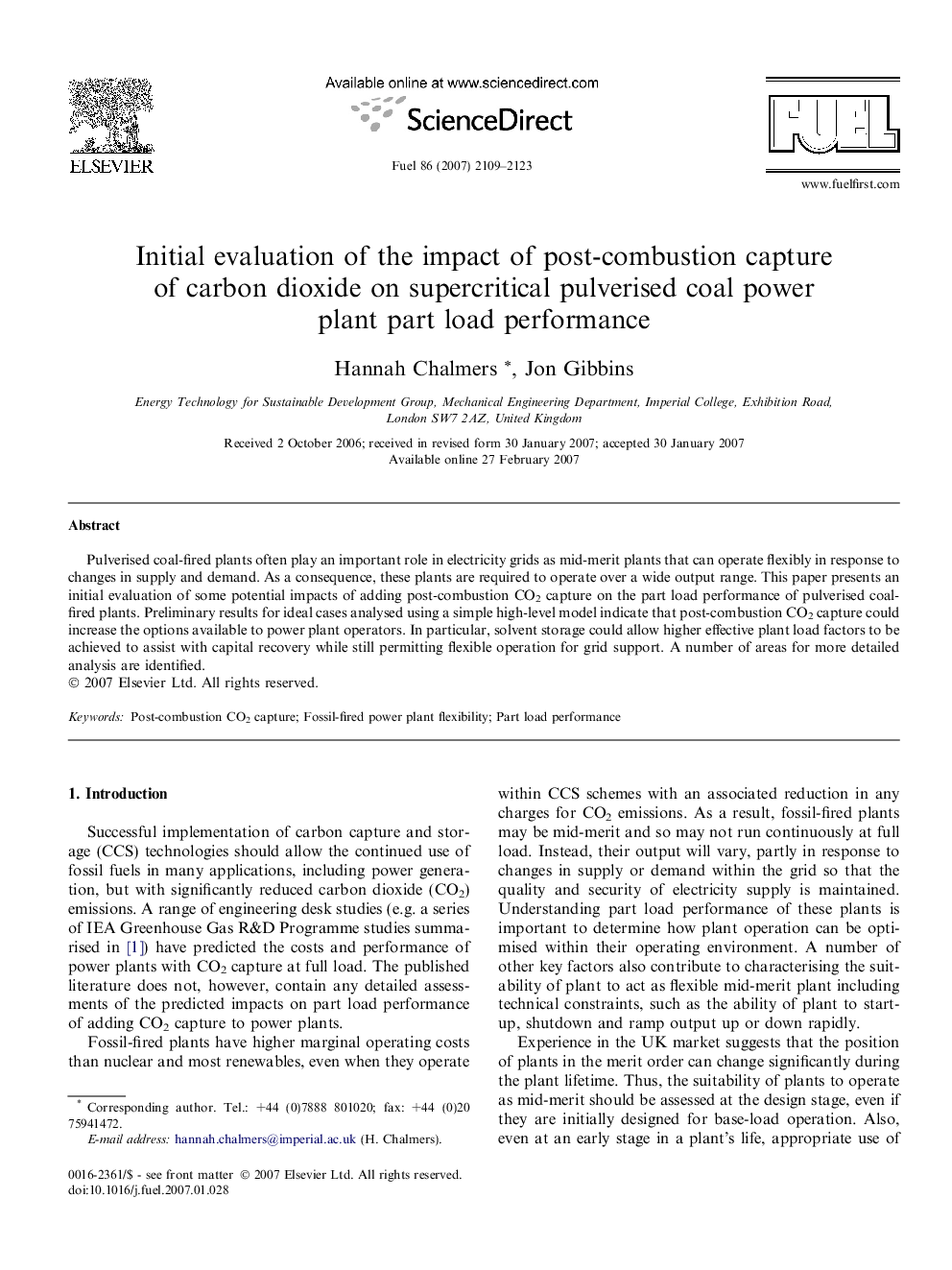 Initial evaluation of the impact of post-combustion capture of carbon dioxide on supercritical pulverised coal power plant part load performance