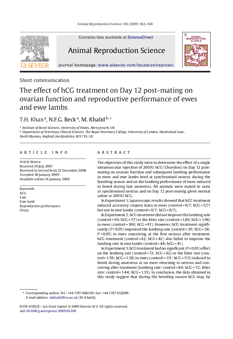 The effect of hCG treatment on Day 12 post-mating on ovarian function and reproductive performance of ewes and ewe lambs